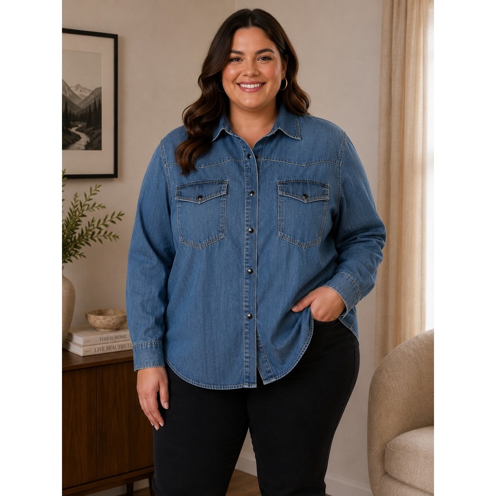 Nili Lotan Denim Shirt Womens 2X Blue Western Snap Front Classic Cowgirl Casual